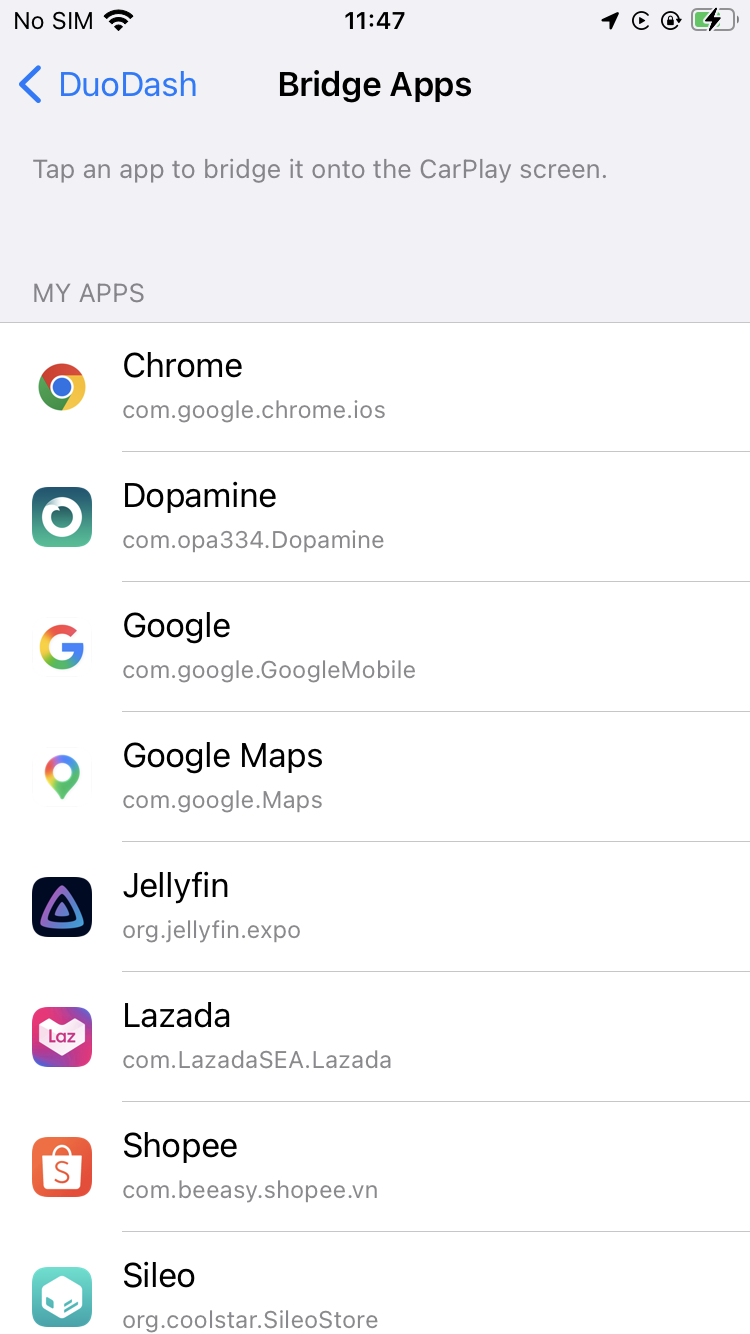 The Bridge Apps list in DuoDash’s iPhone settings, under the heading My Apps, each row showing an app’s name and its bundle identifier.