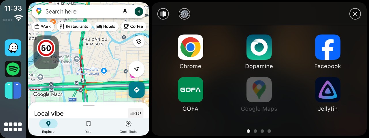 The DuoDash app picker open over the right pane of a car display, showing a page of app icons with page dots beneath them, and Resize, Settings and close controls across the top. Google Maps is greyed out because it is already running in the left pane.