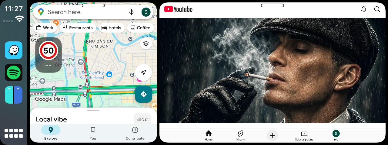DualApps on a 1280 × 480 car display: Google Maps in the left pane, YouTube playing in the right.