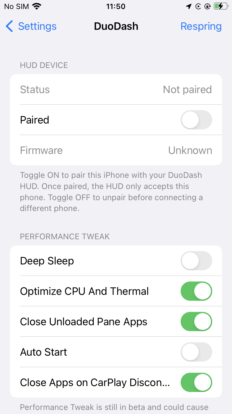 The HUD Device section in DuoDash’s iPhone settings, showing Status, the Paired switch and Firmware. With nothing paired they read Not paired and Unknown.