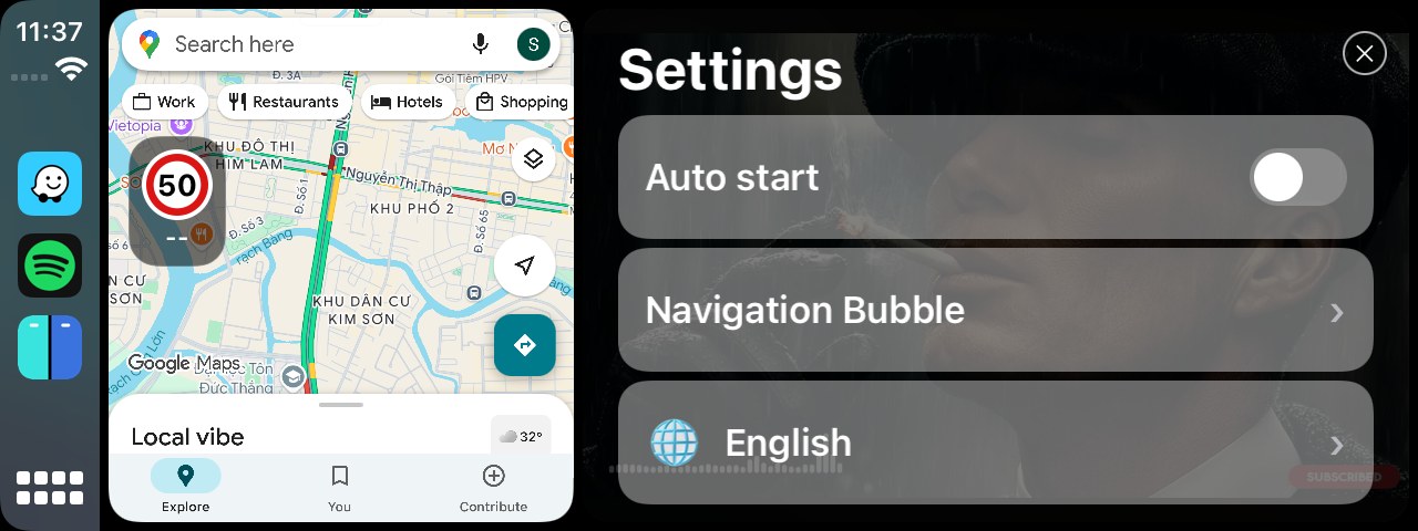 The bubble showing a 50 speed limit over Google Maps in the left pane, with DualApps settings open in the right pane where Navigation Bubble is one of the entries.