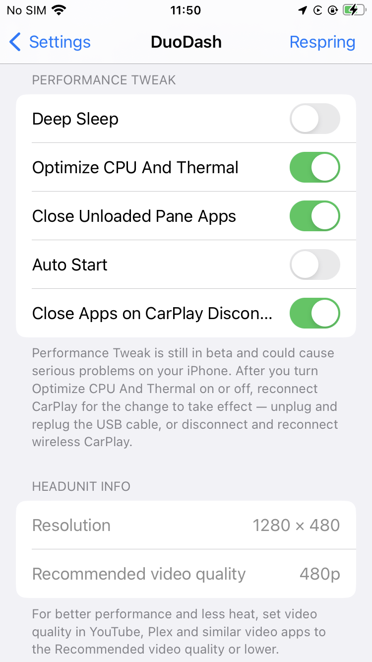 The Performance Tweak section in DuoDash’s iPhone settings, listing Deep Sleep, Optimize CPU And Thermal, Close Unloaded Pane Apps, Auto Start and Close Apps on CarPlay Disconnect, with the beta warning beneath. The Headunit Info section below reads 1280 × 480 and 480p.