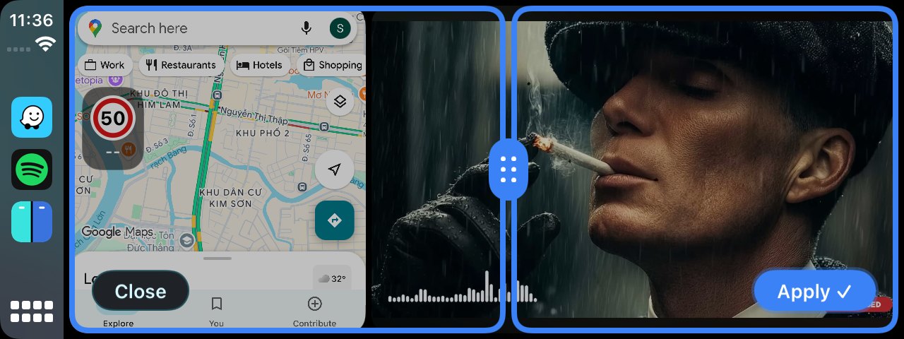 Resizing the two panes on a car display: Google Maps on the left and a video playing on the right, both outlined in blue, with the six-dot drag handle on the divider between them and Close and Apply buttons along the bottom.