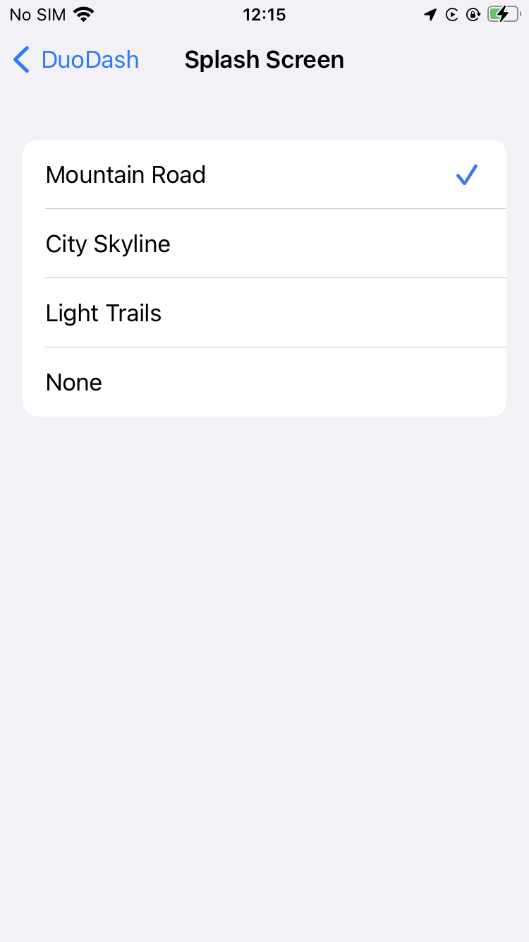 The Splash Screen picker in DuoDash’s iPhone settings, listing Mountain Road, City Skyline, Light Trails and None, with Mountain Road ticked.