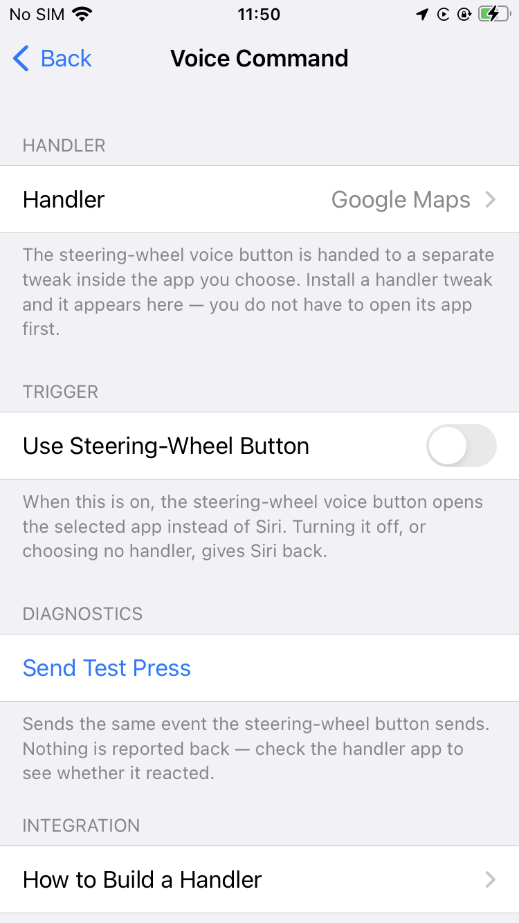 The Voice Command screen in DuoDash’s iPhone settings: the handler set to Google Maps, a switch for the steering-wheel button, and a Send Test Press diagnostic.